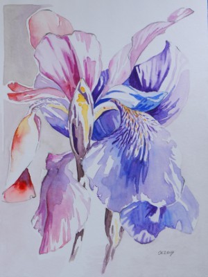 Aquarellbild einer abstrakten  Irisblüten in Blautönen